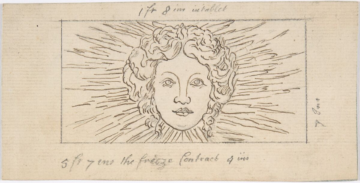 Head of Apollo in Glory, Anonymous, British, late 18th–early 19th century, Pen and brown ink over graphite 