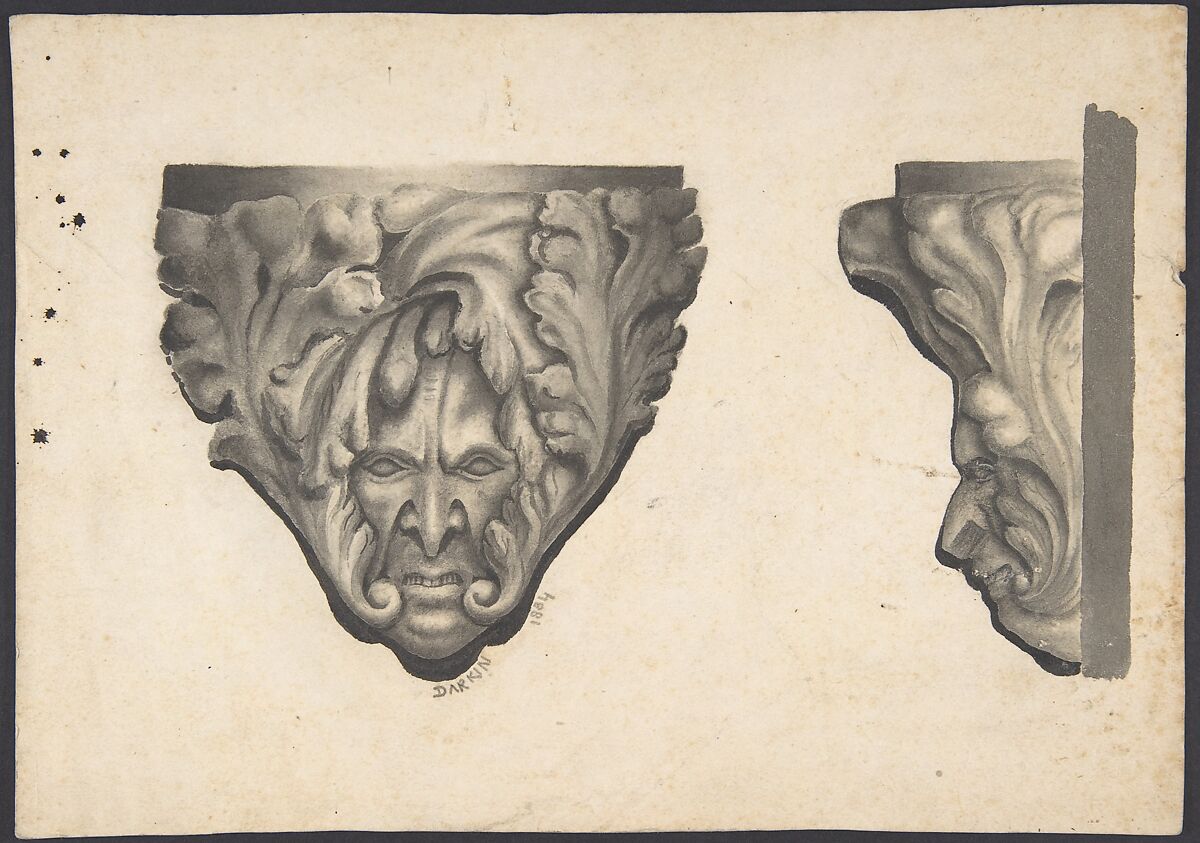 Sketches of Carved Medieval Bosses, John Darkin (British, 1810–1874), Pen and ink, brush and wash 