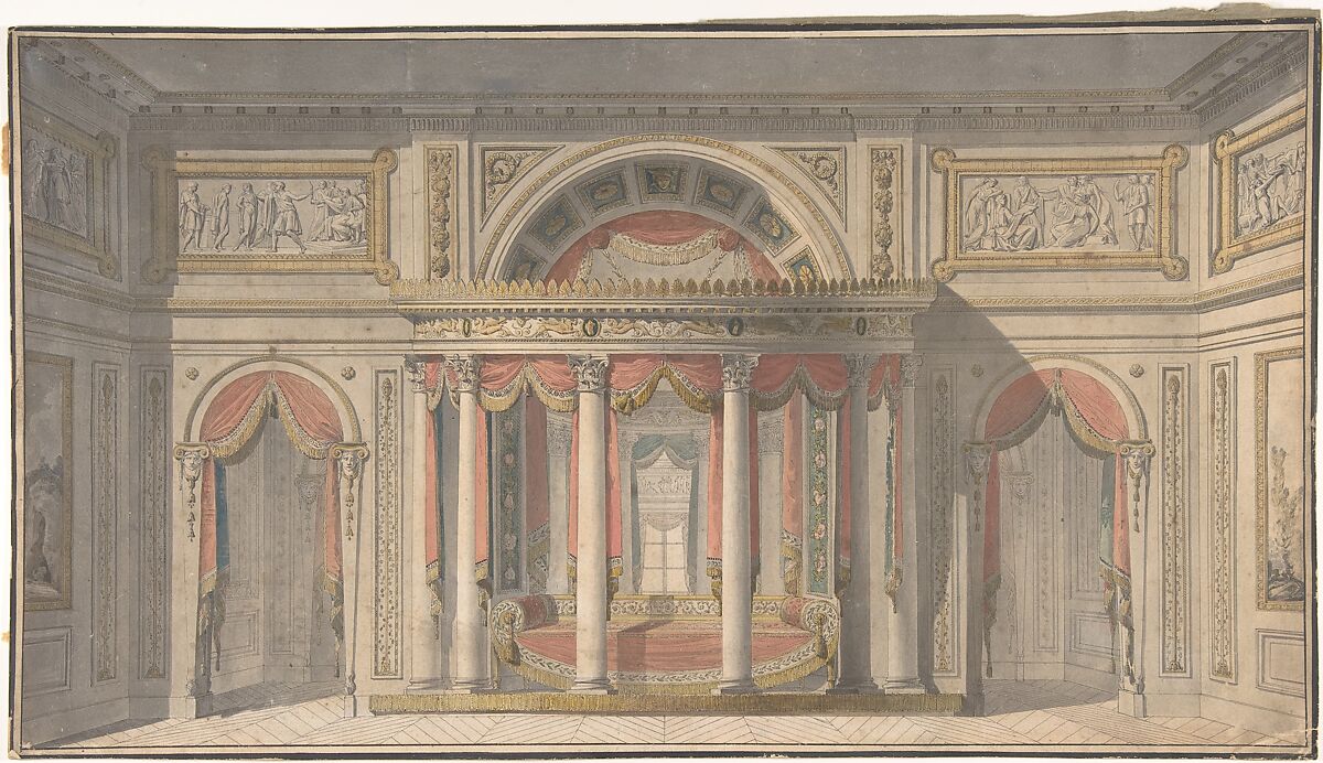 Design for a Bedroom, School of Charles Percier (French, Paris 1764–1838 Paris), Pen and ink, brush and wash and watercolor and laid paper