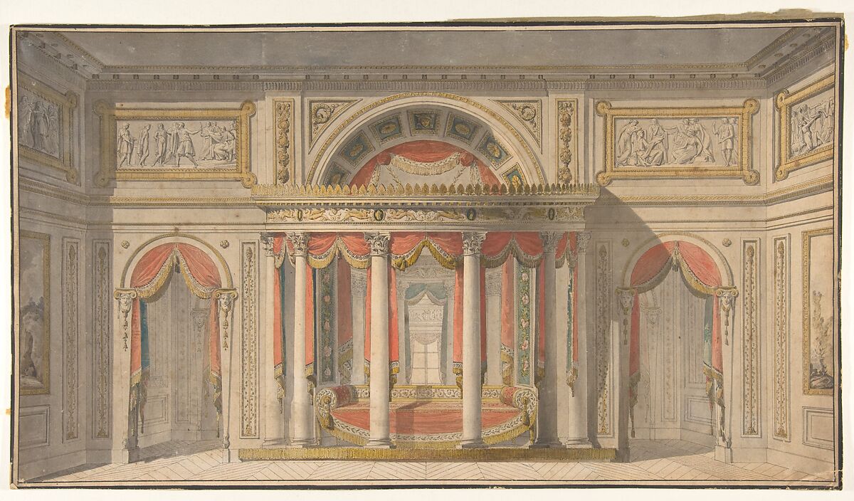 Design for a Bedroom, School of Charles Percier (French, Paris 1764–1838 Paris), Pen and ink, brush and wash and watercolor and laid paper 