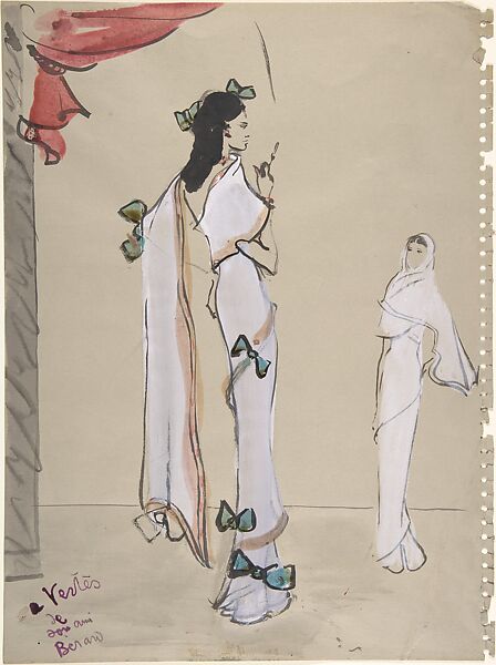 Design for a Full-length White Evening Dress, Shown in Two Views, Christian Bérard (French, Paris 1902–1949 Paris), Brush and ink and watercolor on gray wove paper