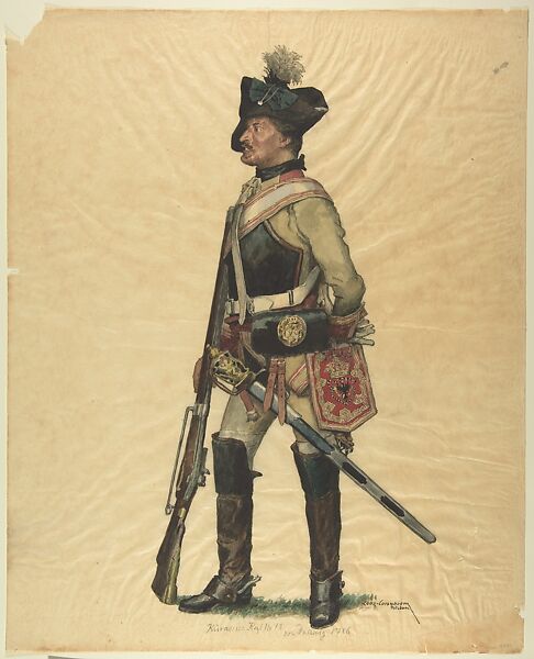 Prussian Military Costume: Kurassier Regiment No. 12 von Dallwig 1786, Walter von Looz-Corswarem (German), Pen and ink, brush and watercolor on thin wove paper 