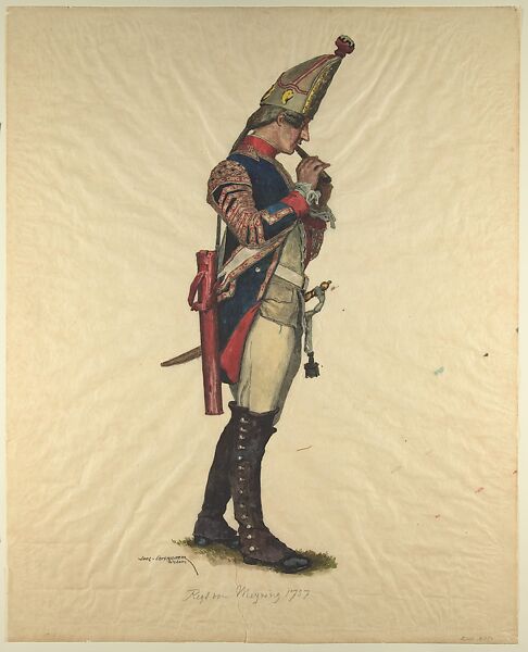 Prussian Military Costume: Regiment von Meyring 1757, Walter von Looz-Corswarem (German), Pen and ink, brush and watercolor on thin wove paper 