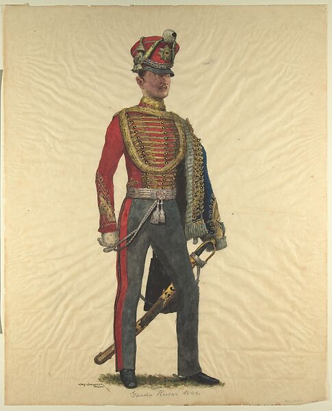 Prussian Military Costume: Garde Hussar 1843, Walter von Looz-Corswarem (German), Pen and ink, brush and watercolor on thin wove paper 