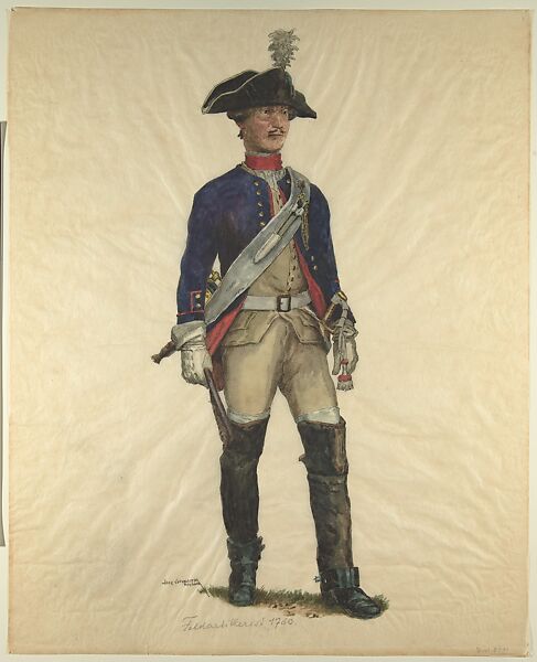 Prussian Military Costume: Field Artilleryman 1760, Walter von Looz-Corswarem (German), Pen and ink, brush and watercolor on thin wove paper 