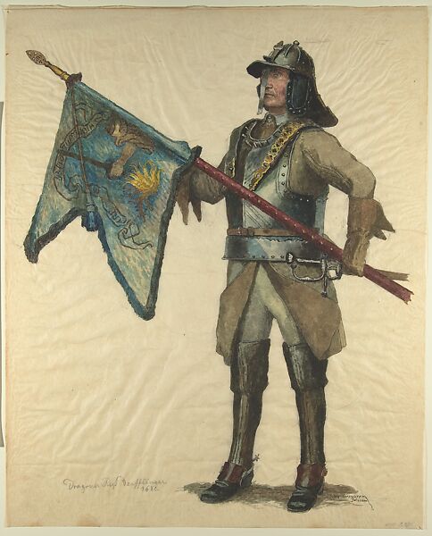 Prussian Military Costume: Derfflinger 1680, Walter von Looz-Corswarem (German), Pen and ink, brush and watercolor on thin wove paper 