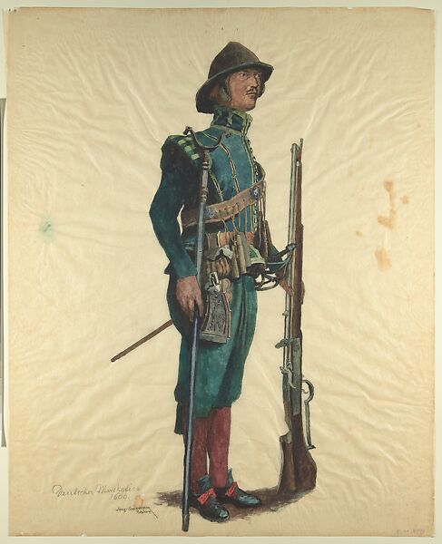 Military Costume: Musketeer 1600, Walter von Looz-Corswarem (German), Pen and ink, brush and watercolor on thin wove paper 
