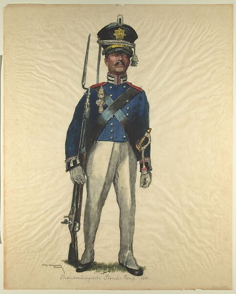 Prussian Military Costume: Brandenburg Sapper 1810, Walter von Looz-Corswarem (German), Pen and ink, brush and watercolor on thin wove paper 