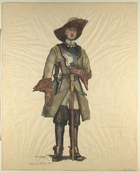 Military Costume: Cavalryman 1630, Walter von Looz-Corswarem (German), Pen and ink, brush and watercolor on thin wove paper 