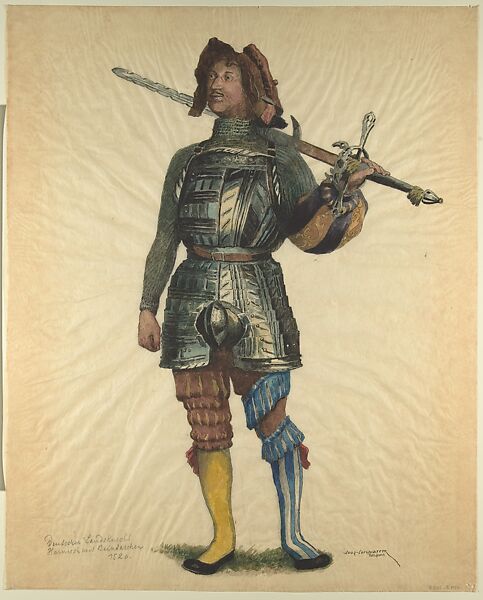 Military Costume: Landsknecht 1520, Walter von Looz-Corswarem (German), Pen and ink, brush and watercolor on thin wove paper 