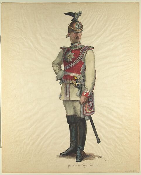 Prussian Military Costume:  Gardes du Corps bis 1848, Walter von Looz-Corswarem (German), Pen and ink, brush and watercolor on thin wove paper 