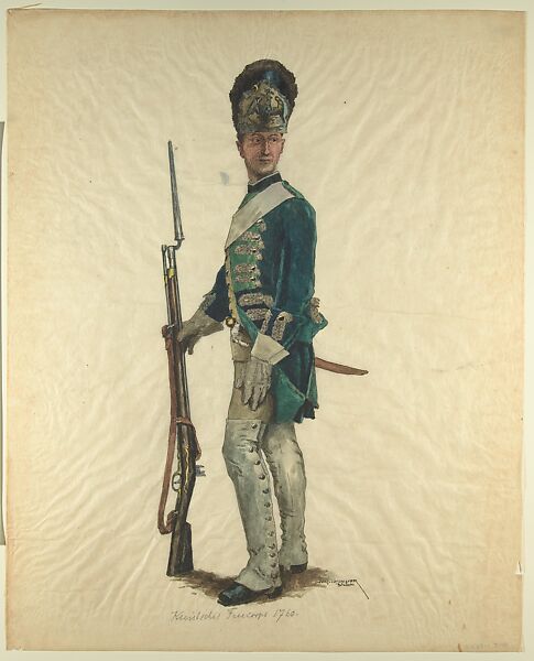 Prussian Military Costume: Kleistsches Freicorps 1760, Walter von Looz-Corswarem (German), Pen and ink, brush and watercolor on thin wove paper 