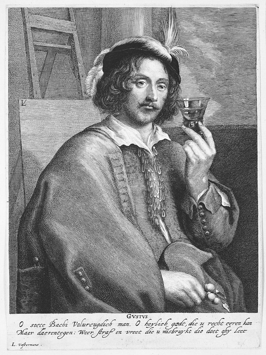 Allegory of Taste (Portrait of the Painter Jan Davidsz. de Heem, after a self-portrait), Lucas Vorsterman I (Flemish, Zaltbommel 1595–1675 Antwerp), Engraving; second state of two (with the inscription partly abraded) 