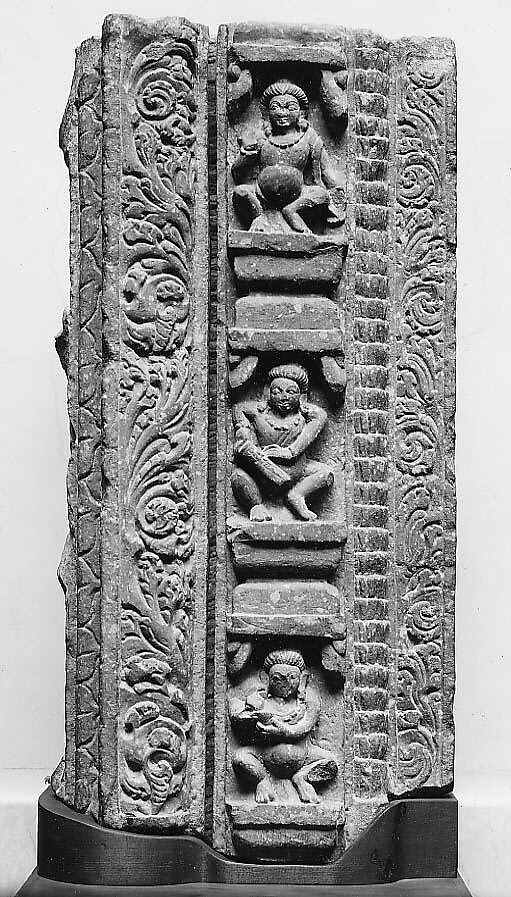 Doorframe with Three Ganas (Nature Deities) Dancing and Playing Instruments, Sandstone, India 