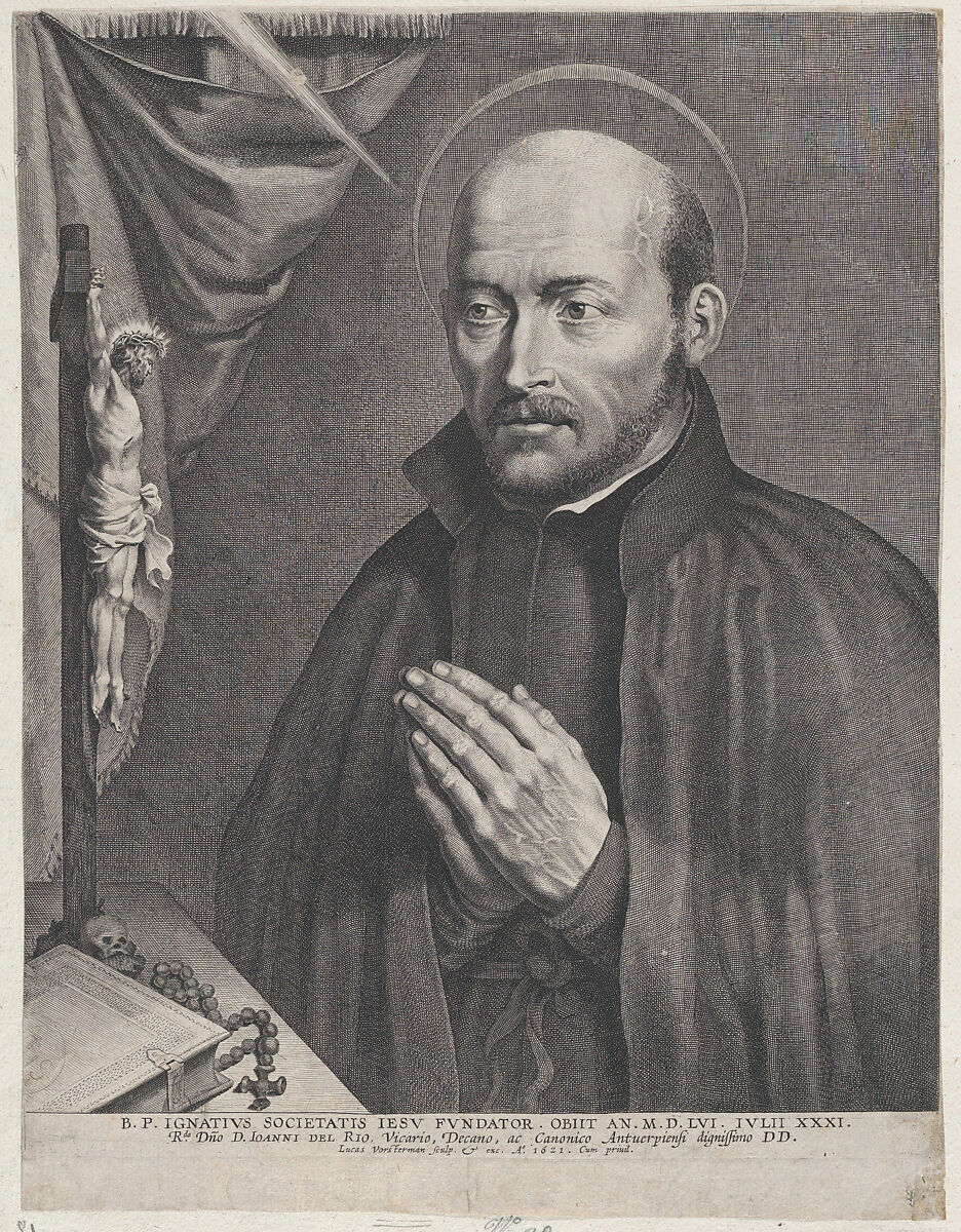 Saint Ignatius of Loyola, praying towards the left with a crucifix, a rosary, a book, and a skull on the table in front of him, Lucas Vorsterman I (Flemish, Zaltbommel 1595–1675 Antwerp), Engraving; first state of two (Hollstein) 