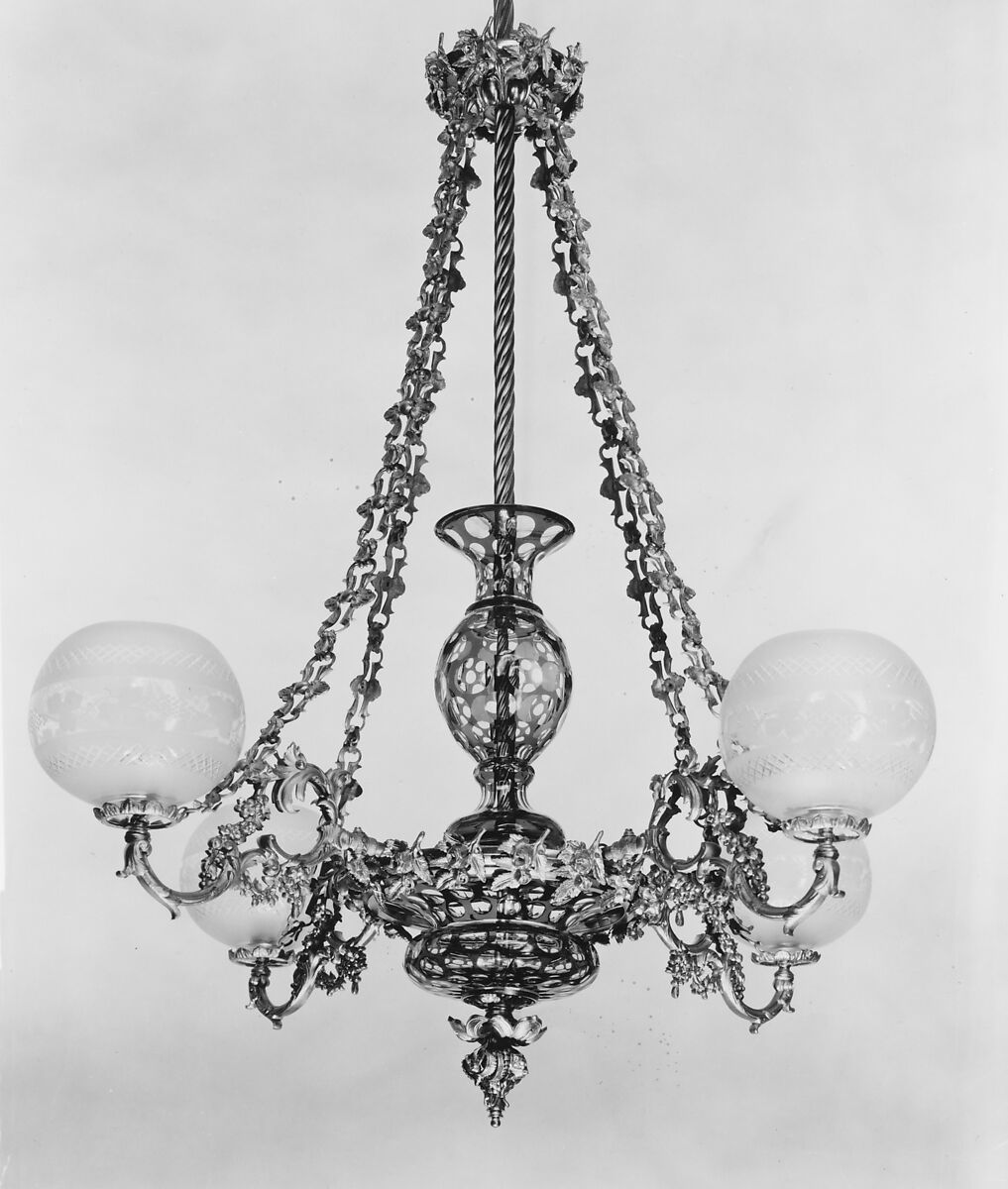 Chandelier, Probably designed by Henry N. Hooper and Company (ca. 1831–68), Glass, brass, American 