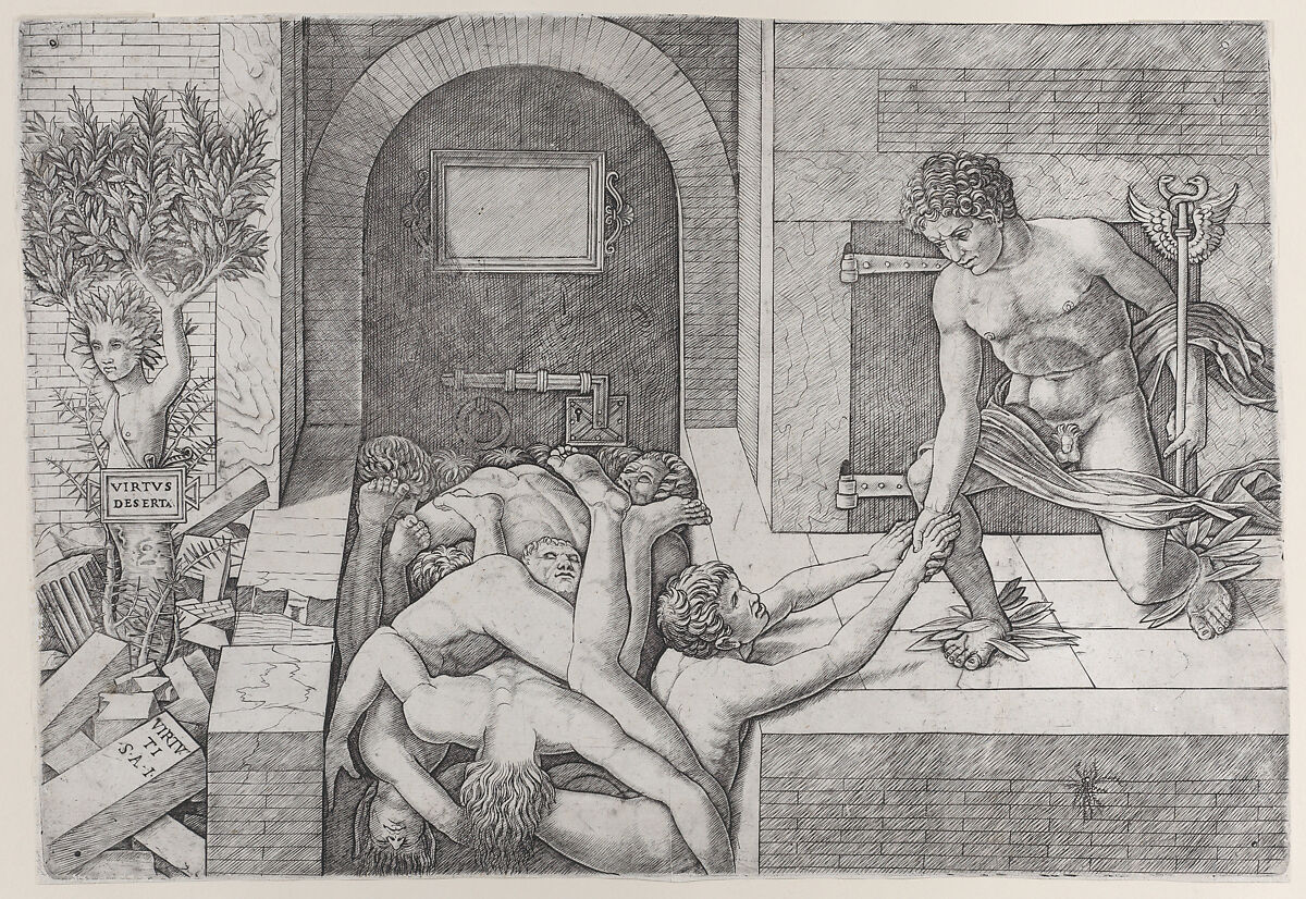 Ignorance and Mercury (an allegory of Virtue and Vice), Mercury kneeling at right holding a staff and taking the hand of a man who emerges from a pile of naked bodies, at left a tree with the torso and head of a woman (Daphne), Giovanni Antonio da Brescia (Italian, active ca. 1490–ca. 1525), Engraving