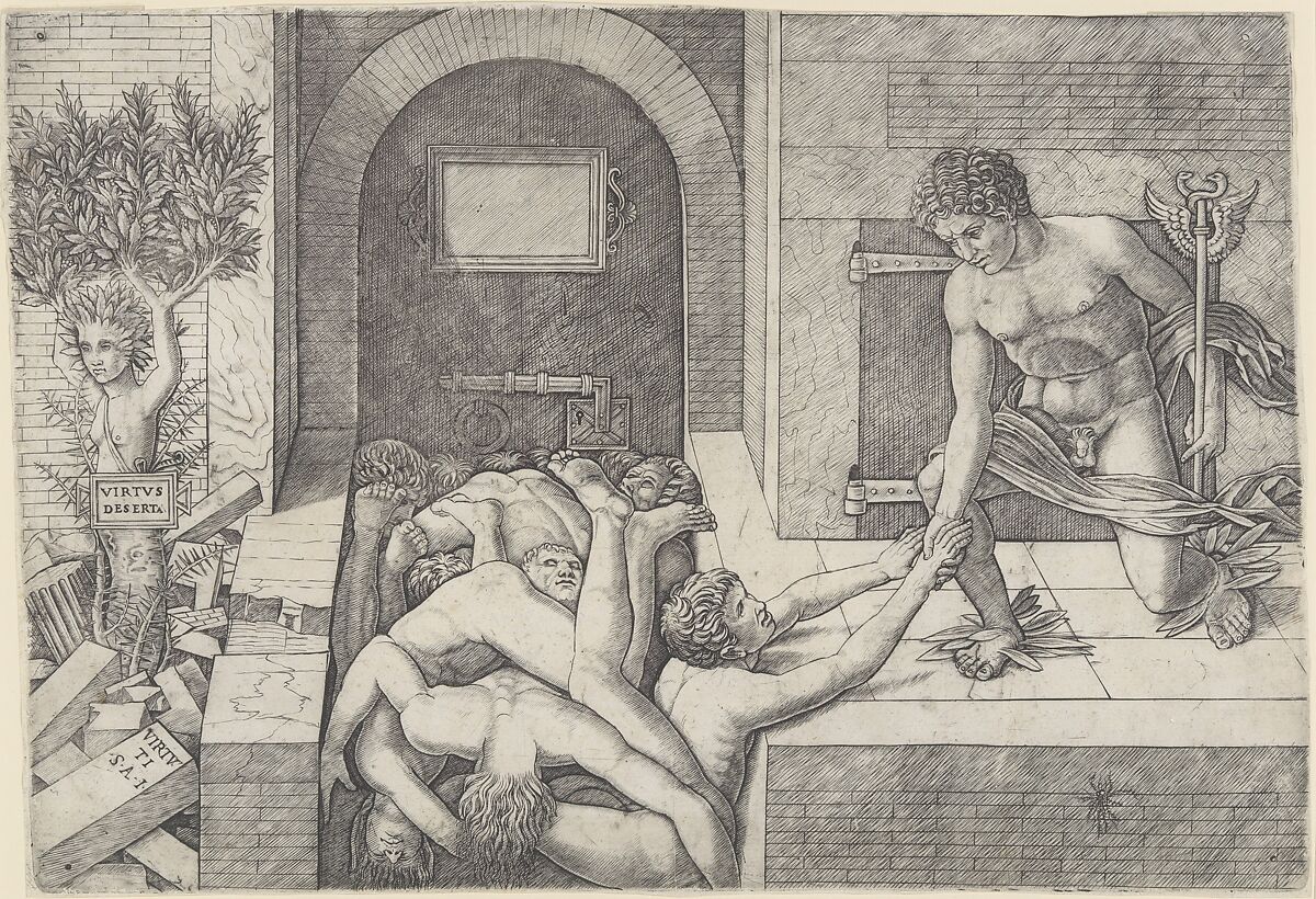 Ignorance and Mercury (an allegory of Virtue and Vice), Mercury kneeling at right holding a staff and taking the hand of a man who emerges from a pile of naked bodies, at left a tree with the torso and head of a woman (Daphne), Giovanni Antonio da Brescia  Italian, Engraving