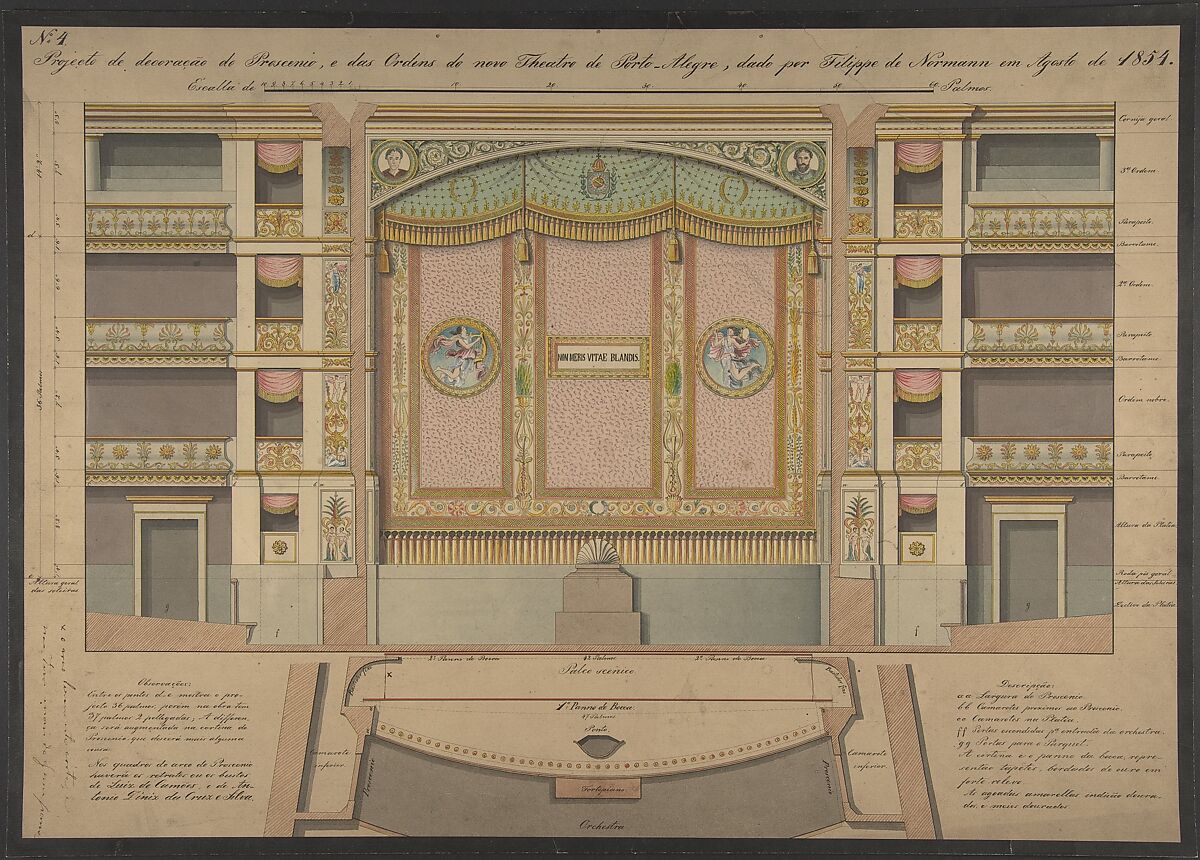 Finished Design for a Stage Set with Ruling and Notes, Anonymous, Portuguese, 19th century, Pen and black ink, brush and wash, and watercolor. 