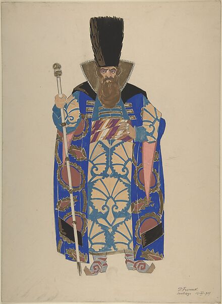 Costume Study for a Robed, Bearded Boyar with Staff, Pavel Petrovic Froman (Russian, Moscow 1894–1940 Zagreb), Watercolor, gouache, gold paint,  over graphite. 