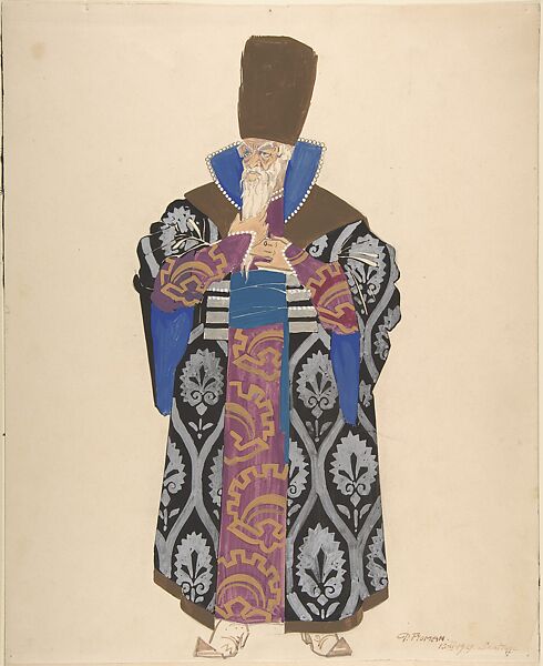 Costume Study for Robed Boyar with White Beard, Pavel Petrovic Froman (Russian, Moscow 1894–1940 Zagreb), Watercolor, gouache, gold paint, over graphite 