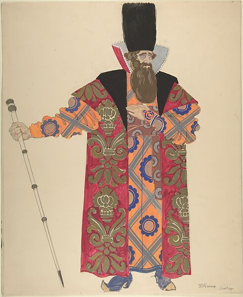 Costume Study for Robed, Bearded Boyar with Staff; verso: Sketch for the same figure, Pavel Petrovic Froman (Russian, Moscow 1894–1940 Zagreb), Watercolor, gouache, gold paint, over graphite; verso: graphite. 