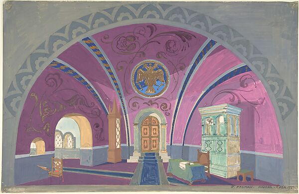Stage Design Showing a Vaulted Hall with Double-Headed Bird Seal, Pavel Petrovic Froman (Russian, Moscow 1894–1940 Zagreb), Watercolor, gouache, gold paint, over graphite. 