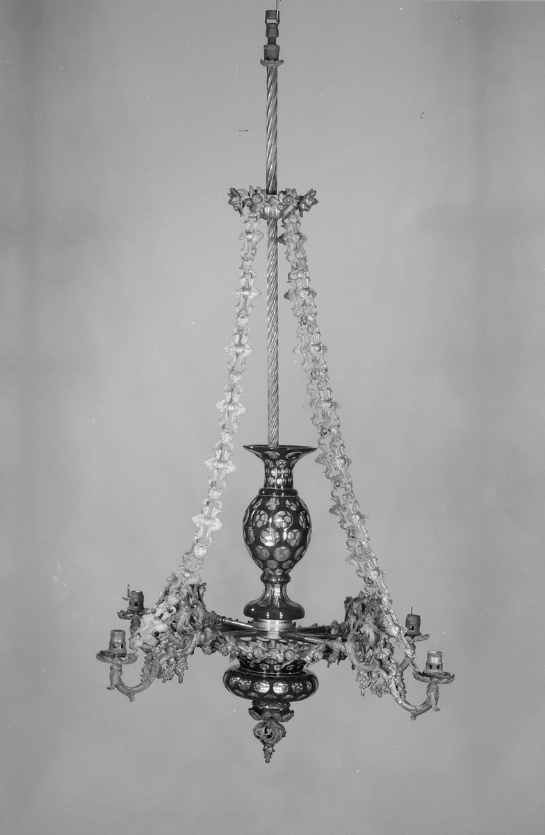 Gas Chandelier, Probably designed by Henry N. Hooper and Company (ca. 1831–68), Glass, brass, American 