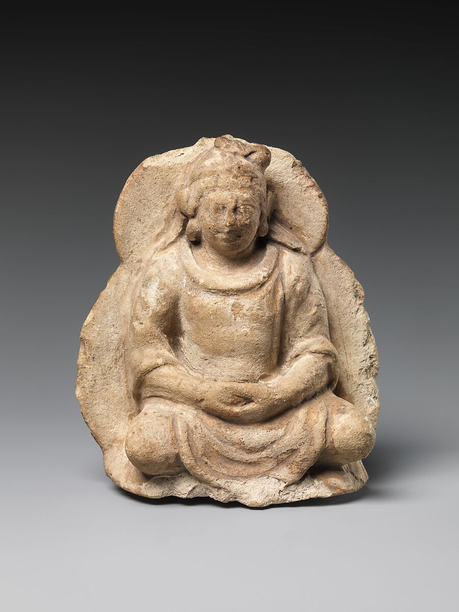 Seated Bodhisattva with Combined Halo and Mandorla, Stucco, Pakistan (ancient region of Gandhara) 