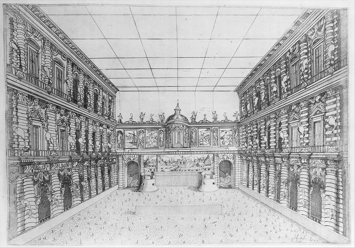 Court of Palazzo Pitti decorated with Candelabra, from an Album with Plates Documenting the Festivities of the 1589 Wedding of Ferdinand I and Christine of Lorraine, Orazio Scarabelli (Italian, active Florence, ca. 1589), Engraving and etching 