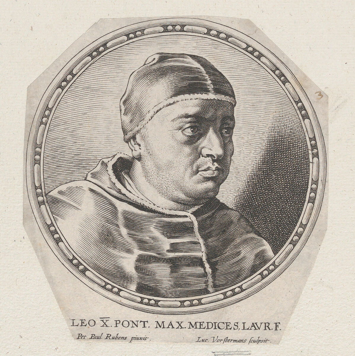 Portrait of Pope Leo X, Lucas Vorsterman I (Flemish, Zaltbommel 1595–1675 Antwerp), Engraving; only state 