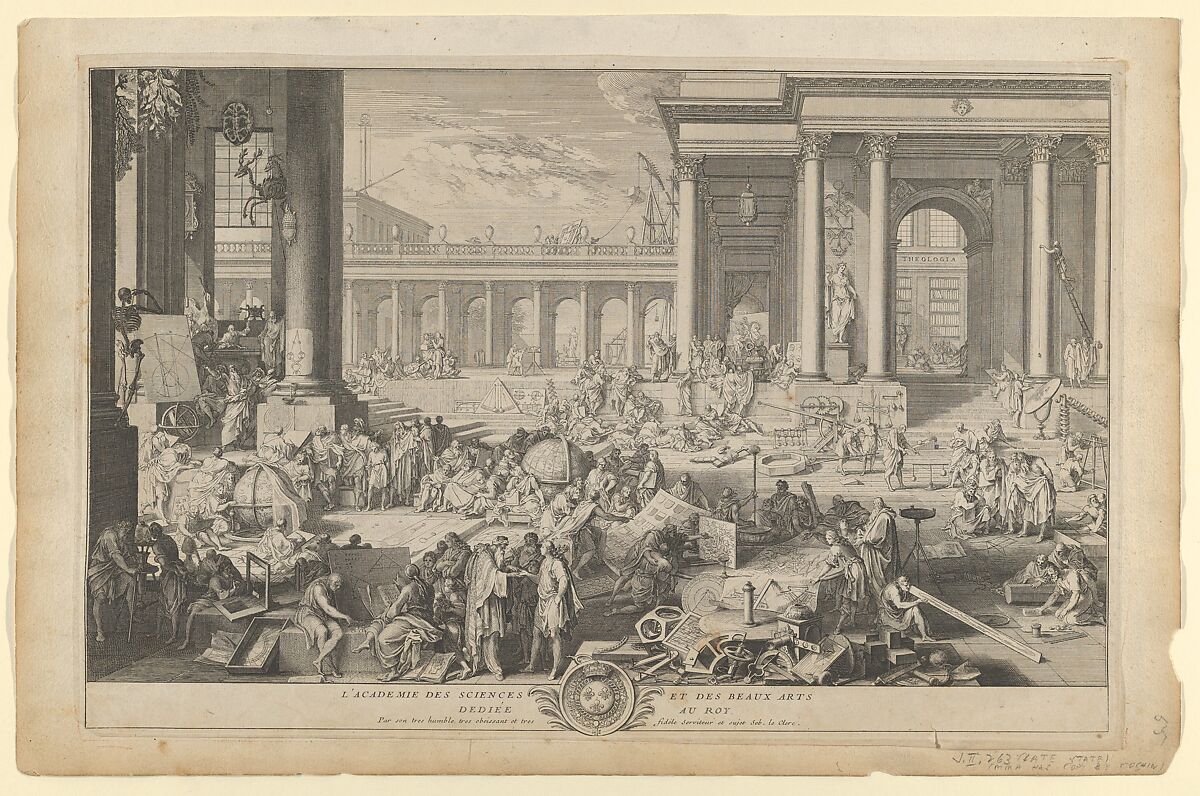 L'Académie des Sciences et des Beaux-Arts, Sébastien Leclerc I (French, Metz 1637–1714 Paris), Etching; seventh state of eight 