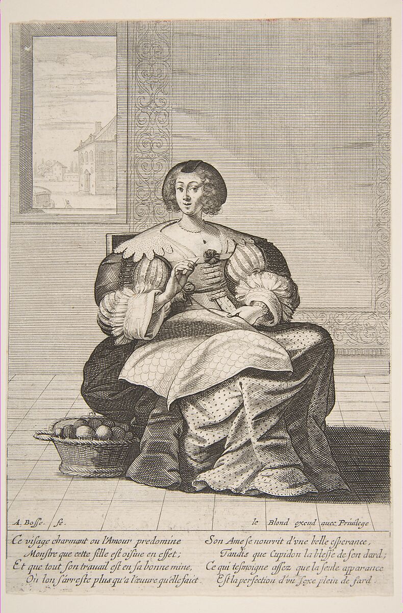 Seated Woman Working on a Tapestry, Abraham Bosse (French, Tours 1602/04–1676 Paris), Etching 