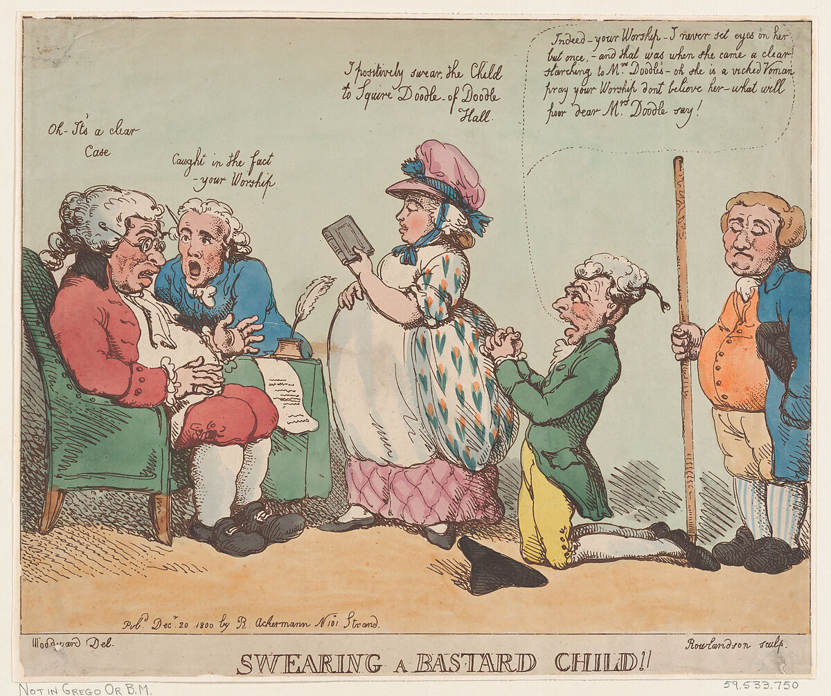 Swearing a Bastard Child!, Thomas Rowlandson (British, London 1757–1827 London), Hand-colored etching 