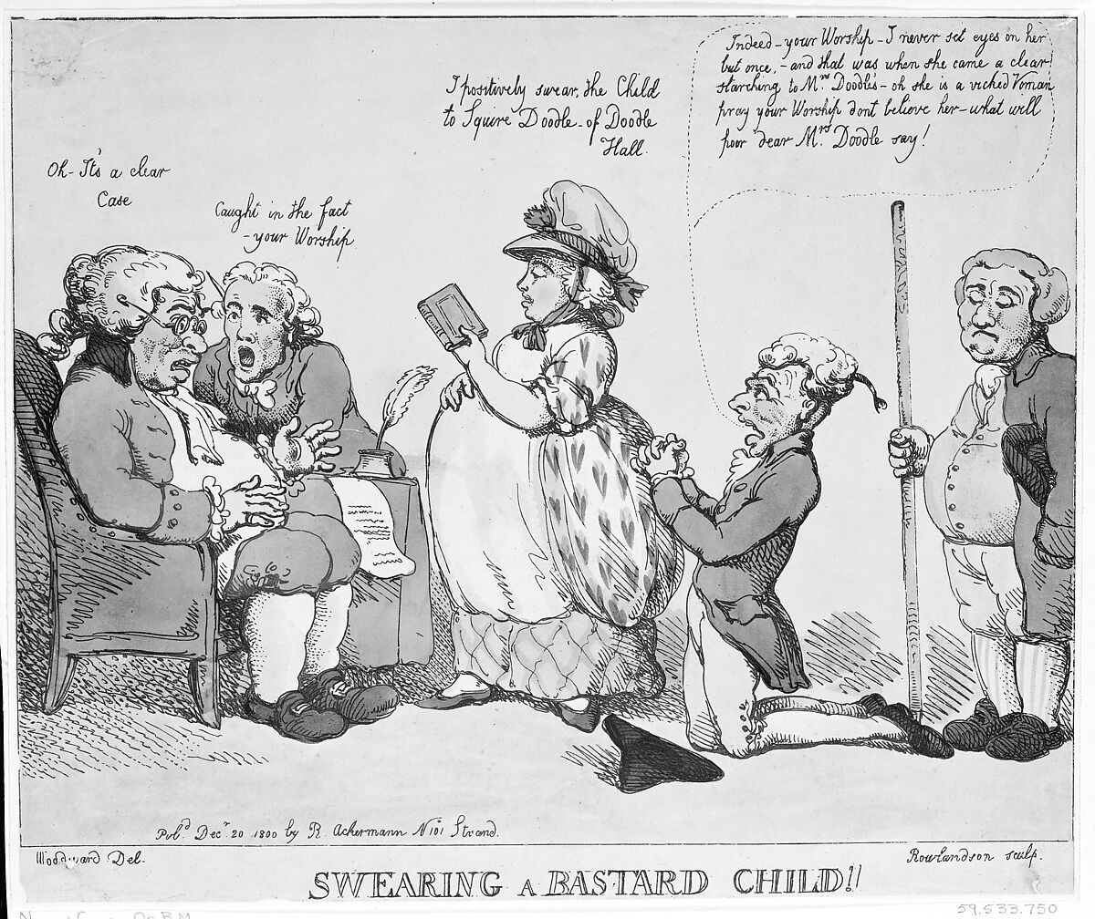 Swearing a Bastard Child!, Thomas Rowlandson (British, London 1757–1827 London), Hand-colored etching