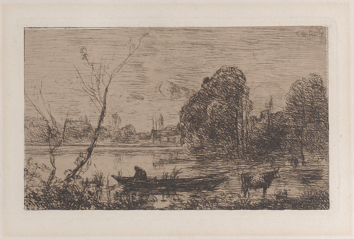 Ville d'Avray: Boatman on a Pond (Evening Effect), Camille Corot (French, Paris 1796–1875 Paris), Etching and drypoint; second state of three 