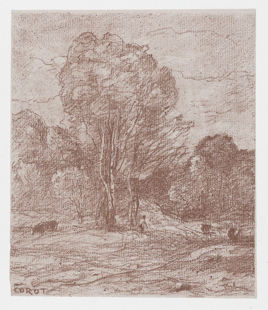 The Cows' Resting Place (Le Dormoir des vâches), Camille Corot (French, Paris 1796–1875 Paris), Transfer lithograph printed in brown ink on chine collé; first of two states 