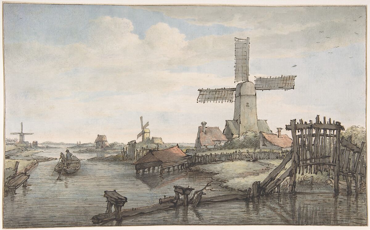 View of a Canal with Three Windmills, Jan Hulswit (Dutch, Amsterdam 1766–1822 Nieuwer-Amstel), Pen and brown ink, watercolor, over a sketch in black chalk; framing lines80.3.234  in pen and brown ink 