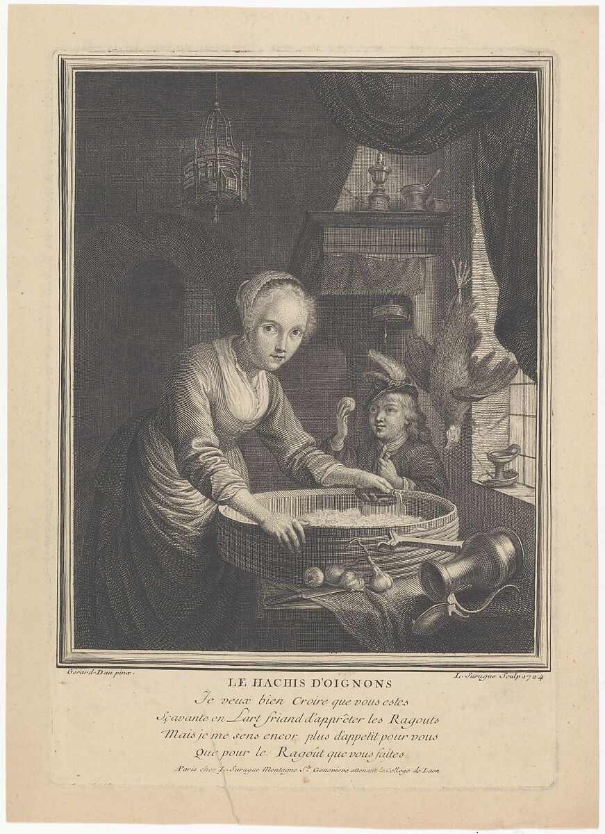 Young Woman Chopping Onions, Louis Surugue (French, Paris ca. 1686–1762 Grand Vaux), Engraving 