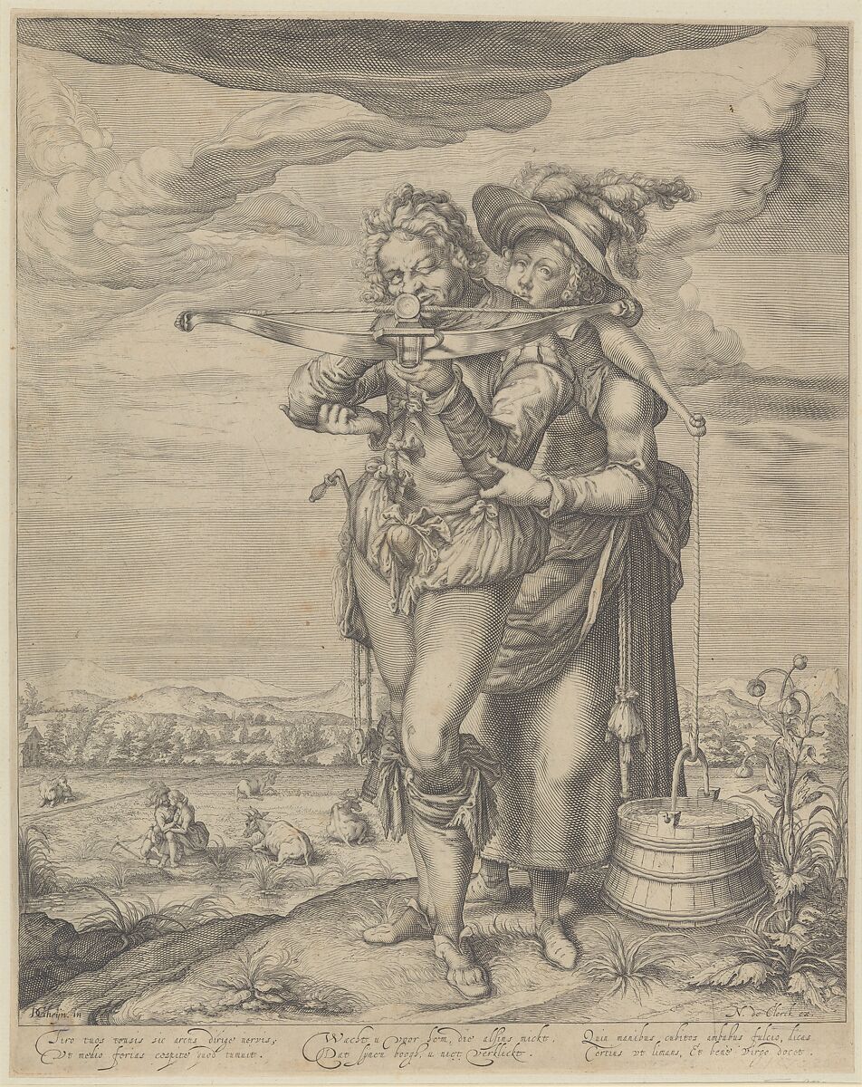 The Archer and the Milkmaid, After Jacques de Gheyn II (Netherlandish, Antwerp 1565–1629 The Hague), Engraving; first state of two (New Hollstein) 