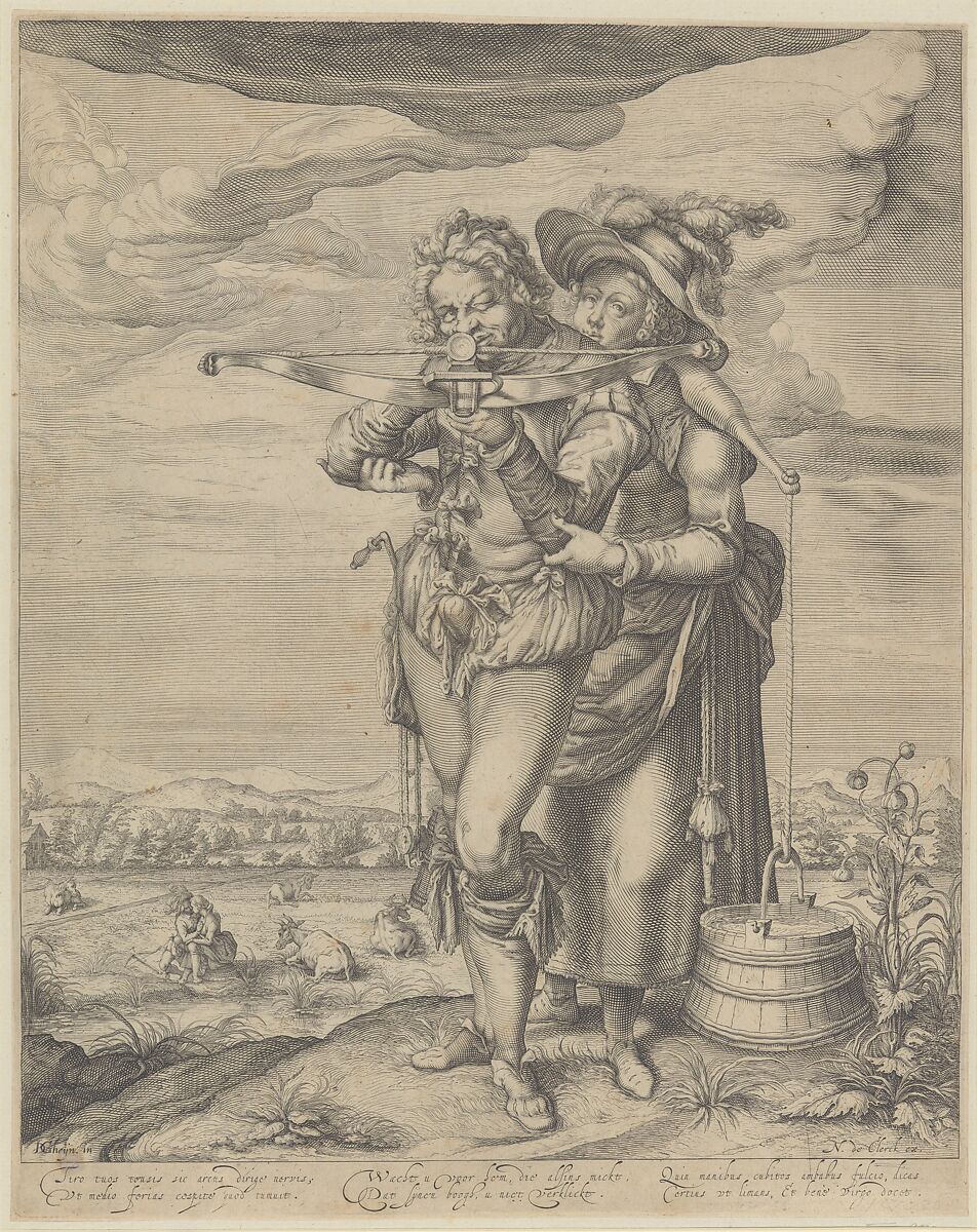 The Archer and the Milkmaid, Jacques de Gheyn II  Netherlandish, Engraving; first state of two (New Hollstein)