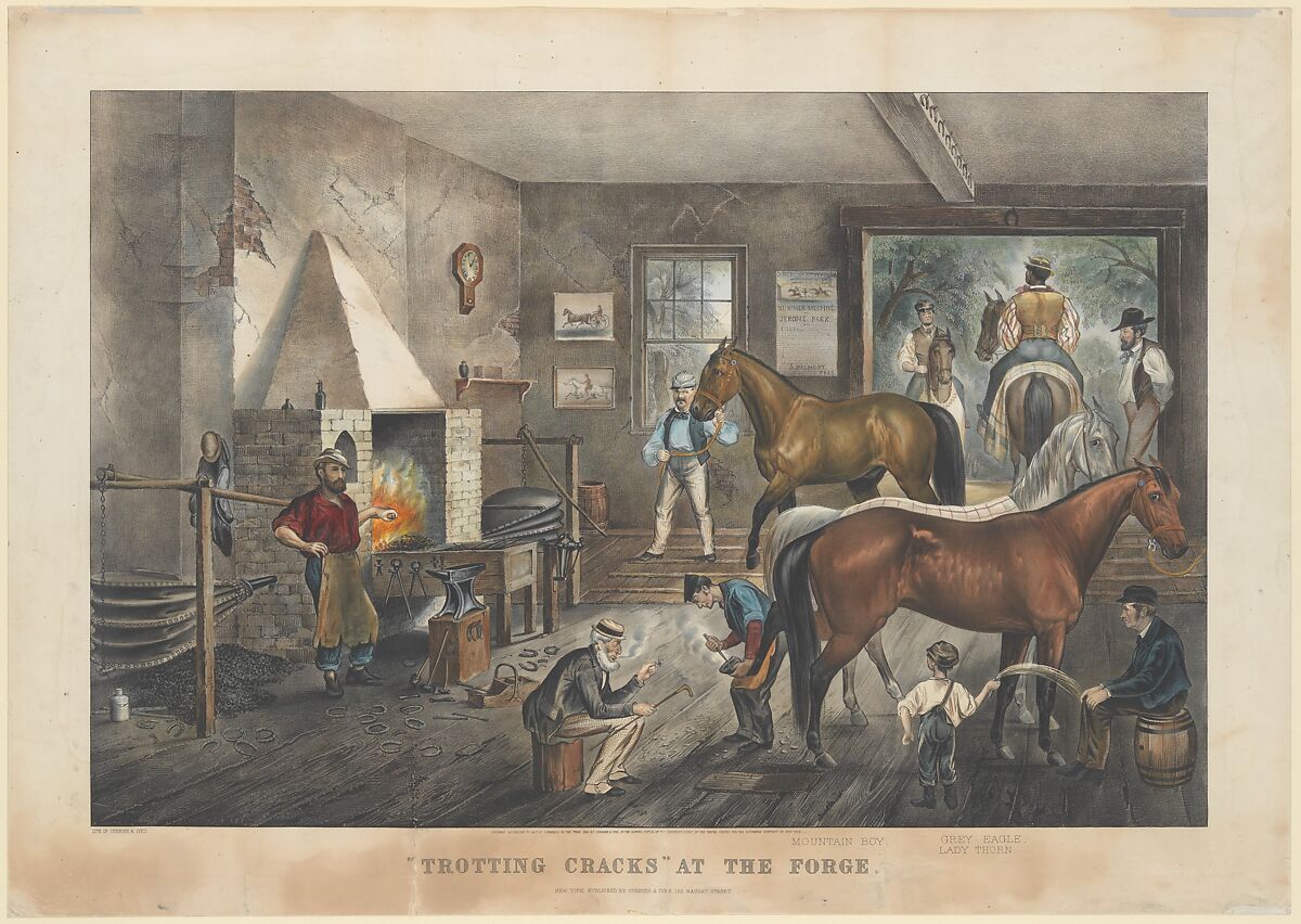 "Trotting Cracks" at the Forge, Currier &amp; Ives (American, active New York, 1857–1907), Hand-colored lithograph 