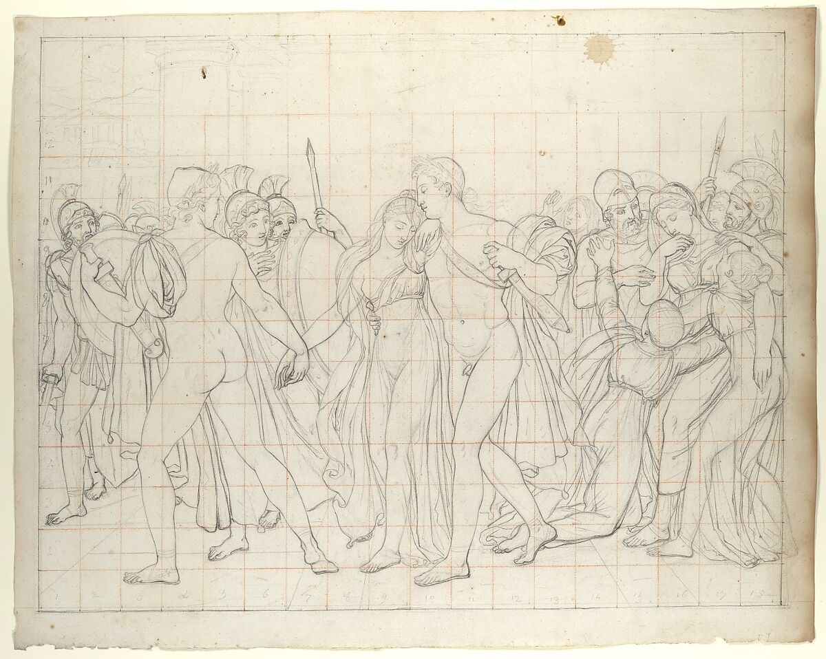 Composition Study for "Castor and Pollux Freeing Helen", Joseph-Ferdinand Lancrenon  French, Black chalk and black crayon on off-white laid paper; squared in red chalk