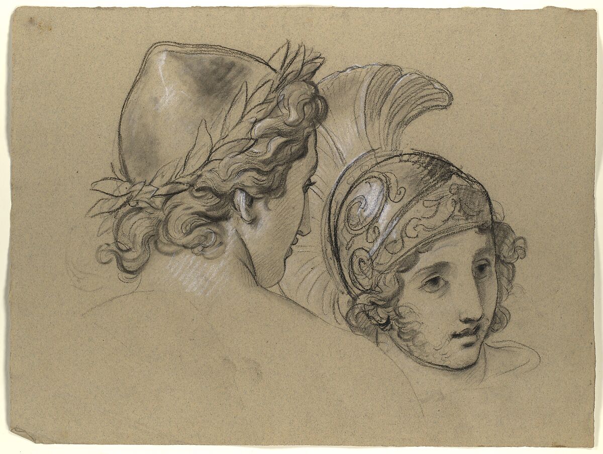 Study of Heads for Study for "Castor and Pollux Freeing Helen", Joseph-Ferdinand Lancrenon  French, Black crayon, stumping, and white chalk on buff laid paper