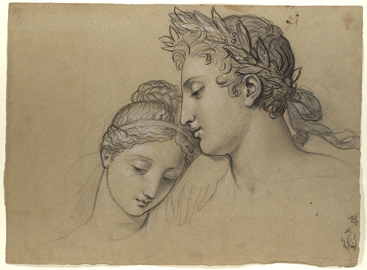 Study of Heads for Study for "Castor and Pollux Freeing Helen", Joseph-Ferdinand Lancrenon  French, Black crayon, stumping, and white chalk on buff laid paper