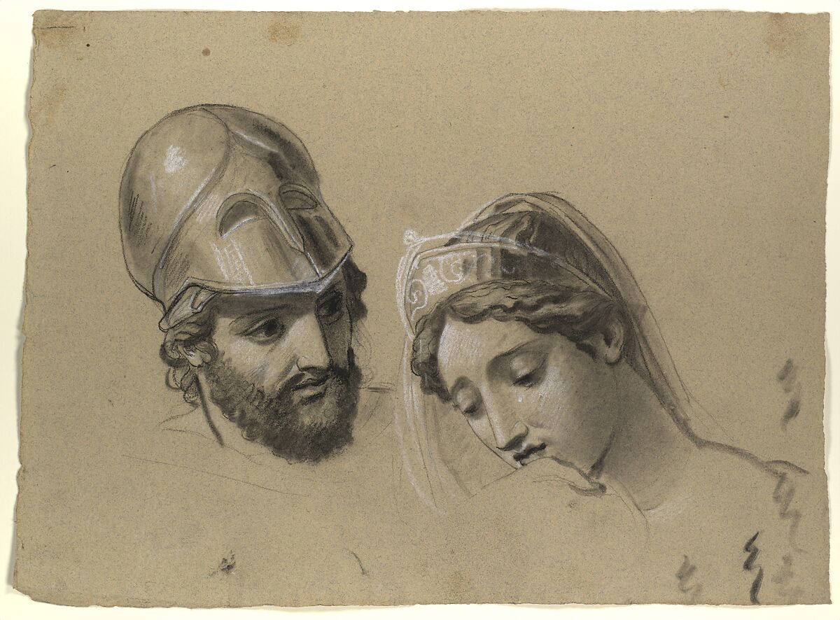 Heads Studies for "Castor and Pollux Freeing Helen", Joseph-Ferdinand Lancrenon (French, Lods 1794–1874 Lods), Black crayon, stumping, and white chalk on buff laid paper 
