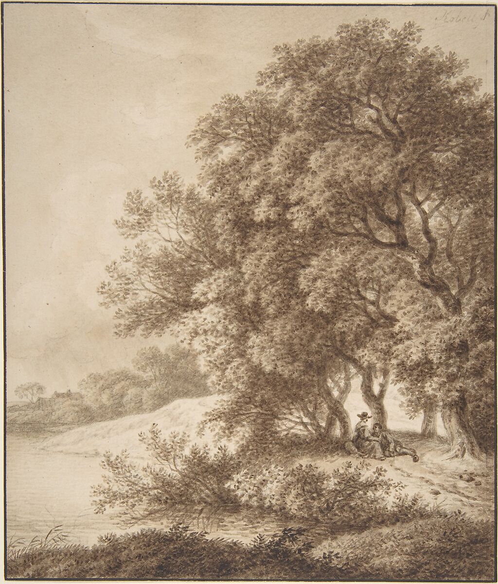 Landscape with Lovers, Ferdinand Kobell (German, Mannheim 1740–1799 Munich), Brush and brown ink, over graphite or black chalk. Framing line in pen and black ink 