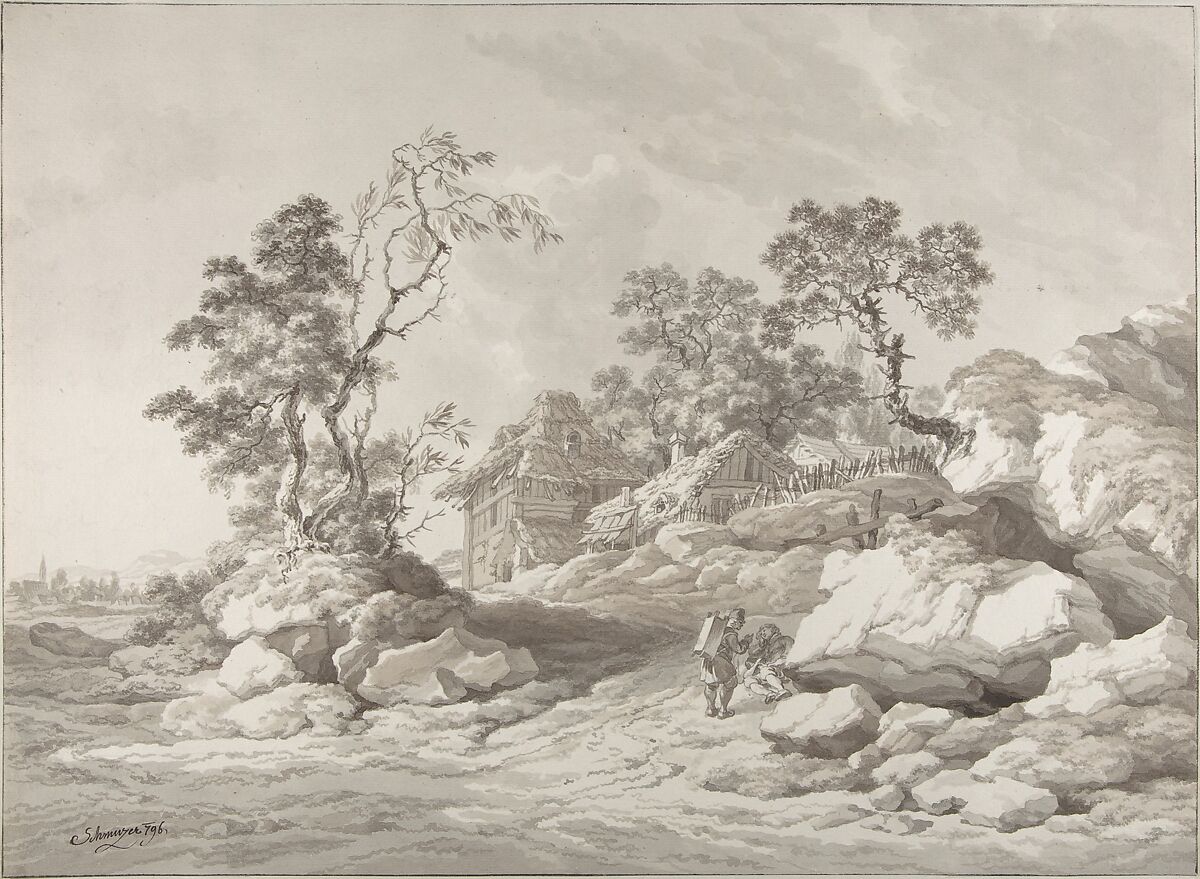 Landscape near Mödling with figures, Jakob Matthias Schmutzer (Austrian, Vienna 1733–1811 Vienna), Brush and brown and gray ink, black chalk 