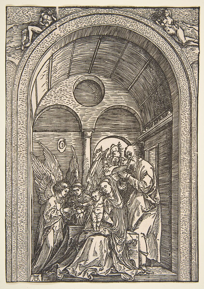 The Holy Family with Two Angels in a Vaulted Hall, Albrecht Dürer (German, Nuremberg 1471–1528 Nuremberg), Woodcut 