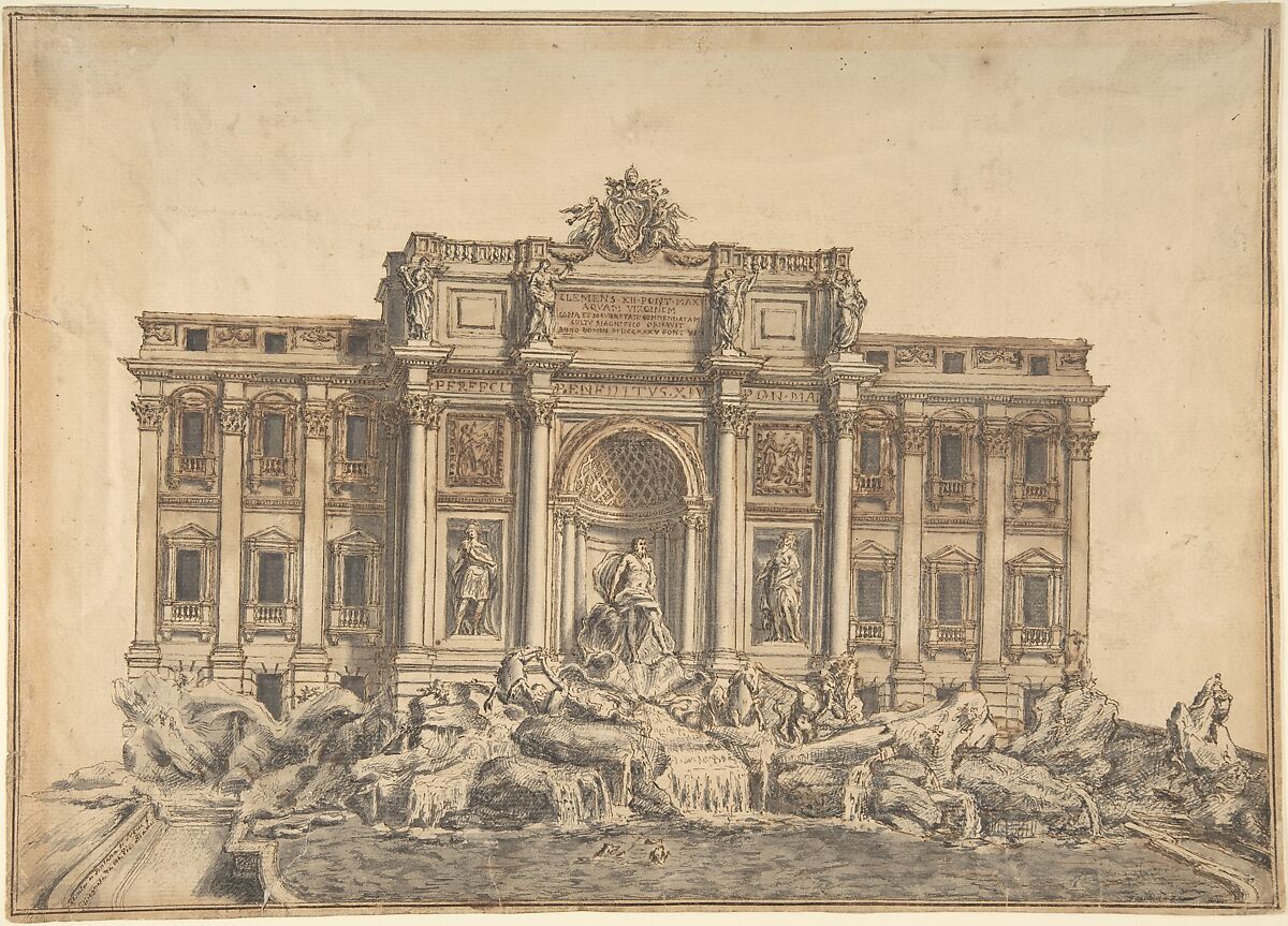 The Trevi Fountain, Rome, Adami (Italian, 18th century), Pen and brown and gray ink, brush with brown and gray wash 